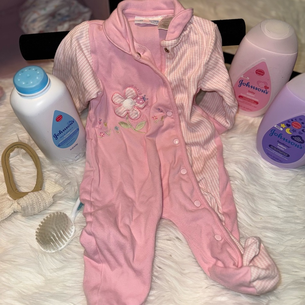 Vintage Pink Floral Embroidered Baby Footie Pajamas - Soft Snap Front